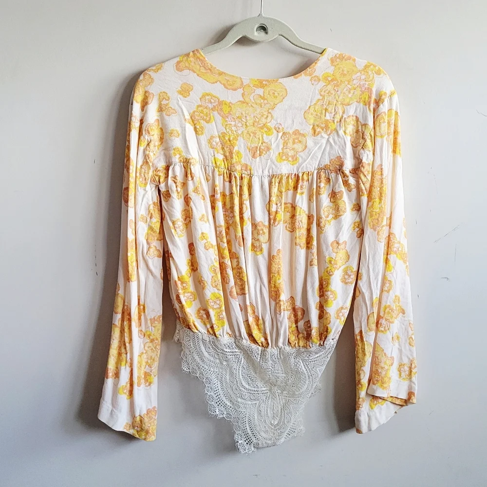 Free People Forties Feels Yellow Floral Print Tie-Front‎ Bodysuit